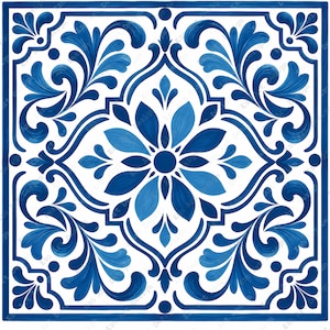 Blue Talavera Tile Clipart, Mediterranean Ceramic Pattern, Majolica Floral Damask (Digital Download)