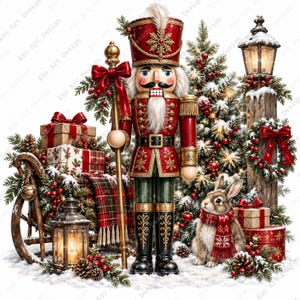 Può includere: Uno schiaccianoci in uniforme rossa e oro accanto a una slitta di legno piena di regali, una coperta a quadri e una lanterna. Un piccolo coniglio con una sciarpa rossa siede vicino a un pino innevato e a un lampione in stile vintage.