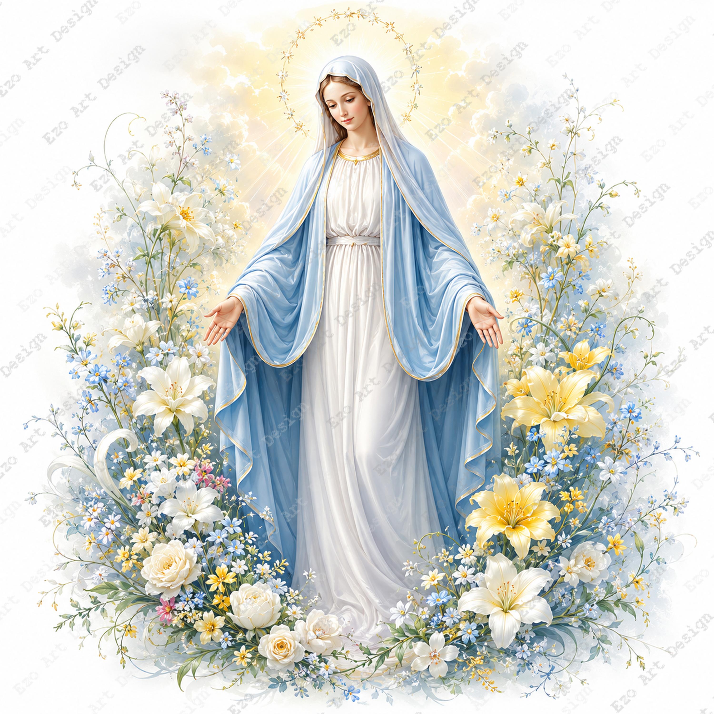 Mother Mary Clipart, Floral Garden Madonna Blue Robe, Catholic