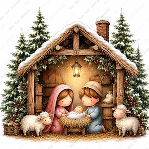 May include: A nativity scene illustration featuring a wooden stable with a thatched roof, snow-covered pine trees, and holly branches. Inside, two figures in soft clothing kneel beside a baby in a manger, flanked by two white sheep.
