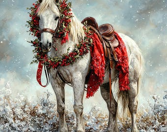 Christmas Horse Clipart, Winter Wreath Equine, Holiday Snow Printable Art (Digital Download)