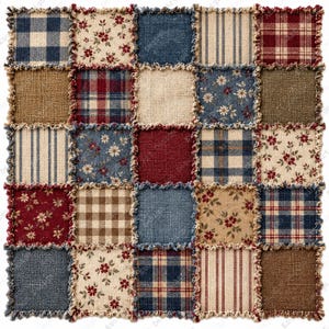 Puede incluir: Una colcha de retazos cuadrada compuesta por una cuadrícula de veinticinco cuadrados de tela. Los cuadrados muestran diversos patrones como cuadros vichy azules y blancos, estampados florales rojos, beige liso, rayas azules y cuadros rojos, unidos con costuras deshilachadas.