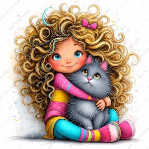Mädchen Katze Clipart, Whimsical Kids Collection, bunte Character Art (digitaler Download)