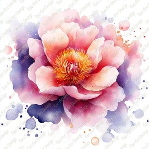 May include: Watercolor painting of a peony flower in shades of pink, peach, and yellow. The flower has multiple layers of petals and a textured center. Purple and blue watercolor splashes surround the flower on a white background. The image has the text "Ezo Art Design".