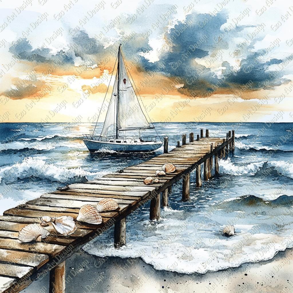 水彩画の海の桟橋のクリップアート、海の風景、JPG（デジタル