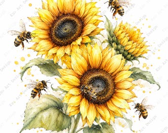 Clipart di ape e fiori, illustrazione di bouquet ad acquerello, arte da giardino primaverile (download digitale)