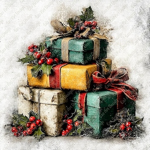 May include: A stack of wrapped gift boxes in shades of green, gold, and off-white, adorned with red ribbons, holly, and berries. The boxes are arranged in a layered composition, creating a festive and seasonal theme.