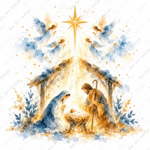 Puede incluir: Una ilustración en acuarela de una escena de natividad con un pesebre central y un recién nacido, flanqueado por dos figuras con túnicas azules y marrones. Arriba, cuatro ángeles alados rodean una gran estrella dorada con tonos azules.