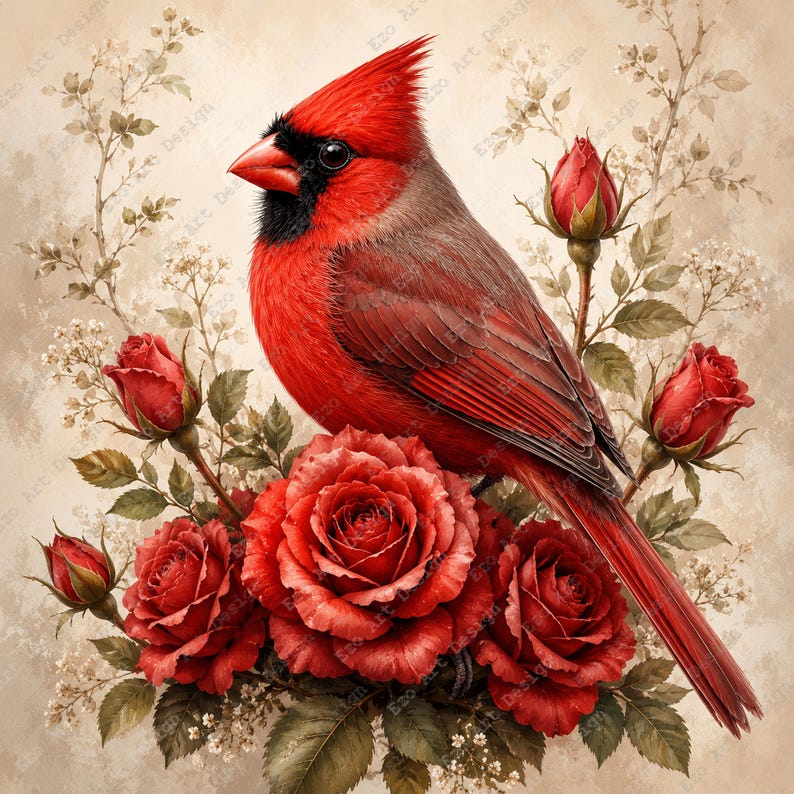 Cardinal Bird Clipart, Red Rose Floral Nature Design, Vintage Botanical ...