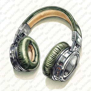 Può includere: Illustrazione di cuffie over-ear con design verde e argento. I padiglioni sono di un verde tenue e l'archetto presenta un interno beige. Le cuffie hanno una finitura argento metallizzato sulle parti esterne, su sfondo bianco.