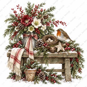 May include: A rustic wooden bench holds a metal pitcher filled with red berries, pine branches, and white flowers, accented by a plaid ribbon. A robin sits near a bird's nest with eggs, a pinecone, a star ornament, and a bell, with a small pot below.