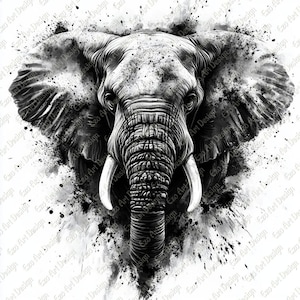 May include: A monochrome artwork depicting an elephant's head, showcasing its tusks and detailed skin texture. The image uses a splatter effect in black and grey, contrasting with the white background. The artwork is a close-up of the elephant's face.