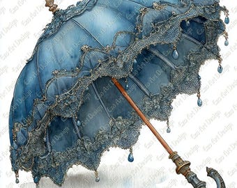 Victorian Parasol Clipart, Antique Floral Umbrella JPG, Cottagecore Watercolor Digital Print