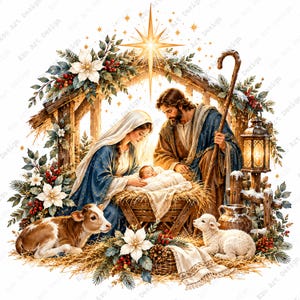 May include: A nativity scene featuring a central figure in a blue robe and a figure in a brown robe gathered around a baby in a manger. A calf and a lamb rest on straw near a wooden structure decorated with white poinsettias, red berries, and a lantern.