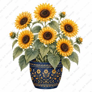 May include: A vibrant bouquet of yellow sunflowers with dark brown centres and green leaves arranged in a deep blue ceramic pot. The pot features a decorative pattern of small yellow flowers, thin golden vines, and white dots on its surface.