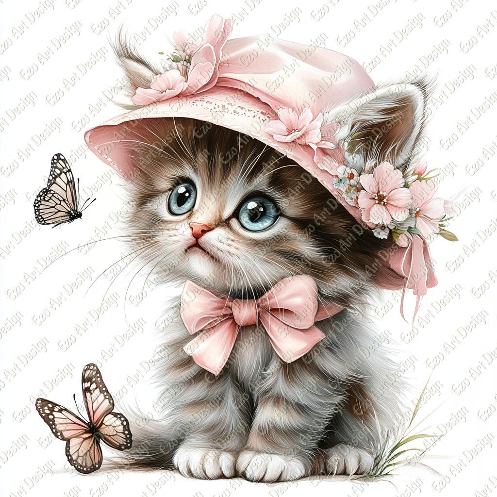 Floral Kitten Clipart, Whimsical Baby Cat Art (10 JPG Digital Download ...