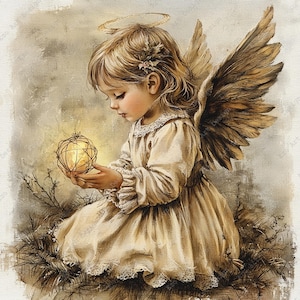 May include: A digital illustration of a young angel with light brown hair, a halo, and large feathered wings. The angel wears a cream-colored dress with lace trim and holds a glowing, spherical wire-frame object in their hands.