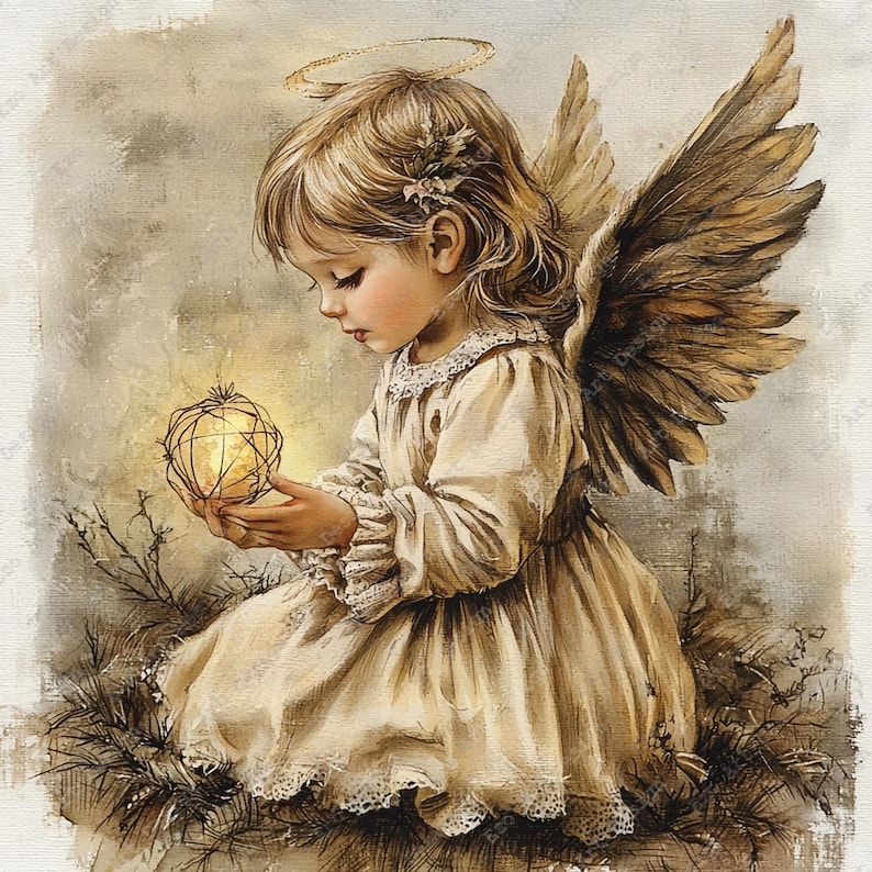 May include: A digital illustration of a young angel with light brown hair, a halo, and large feathered wings. The angel wears a cream-colored dress with lace trim and holds a glowing, spherical wire-frame object in their hands.