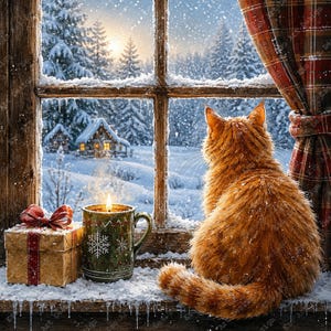 May include: An orange tabby cat sits on a snowy windowsill looking out at a winter landscape with a cabin. Beside the cat is a green mug with a white snowflake design containing a lit candle and a gift box wrapped in brown paper with a red bow.