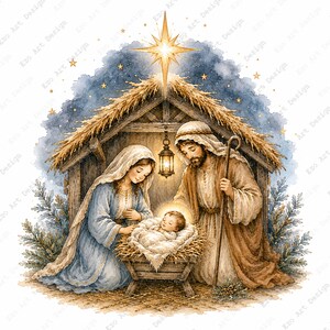 Könnte beinhalten: Eine Aquarellillustration einer Krippenszene mit einem hölzernen Stall mit Strohdach. Eine Figur in Blau und eine Figur in braunen Gewändern knien neben einem Baby in einer Krippe. Eine leuchtende Laterne hängt darüber und ein heller Stern strahlt.