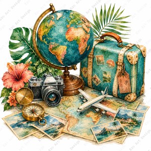 May include: A watercolor illustration featuring a vintage globe on a brass stand, a teal suitcase with travel stickers, a classic camera, a brass compass, a model airplane, tropical hibiscus flowers, palm leaves, and several small travel photos.