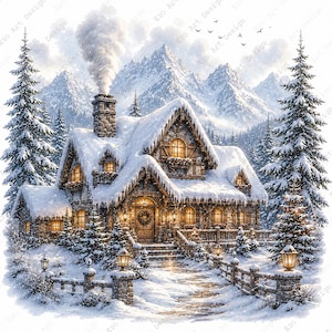 Clipart chalet d'hiver, paysage enneigé imprimable, art chalet de Noël (téléchargement numérique)