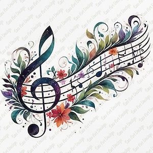 Puede incluir: Ilustración en acuarela de una clave de sol y un pentagrama musical, adornada con flores y follaje coloridos. El diseño presenta un degradado de azules, morados y verdes, con notas musicales y elementos decorativos sobre un fondo blanco.