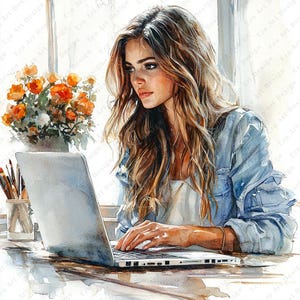 Może przedstawiać: Kobieta z długimi brązowymi włosami siedzi przy stole i korzysta z laptopa. Ma na sobie jasnoniebieską dżinsową kurtkę i białą koszulę. Za nią stoi wazon z kwiatami.
