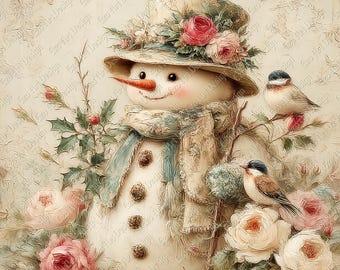 ヴィンテージ雪だるまクリップアート、お祝いの冬のアート（デジタルダウンロード）