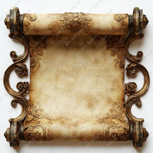 May include: An aged, parchment-style scroll with a blank, textured beige centre. The scroll is framed by ornate, metallic gold-coloured scrollwork and decorative floral carvings on the top, bottom, and sides, featuring dark, weathered accents.
