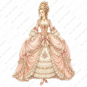 May include: A full-length gown in soft peach and cream tones, featuring an intricate bodice with lace trim, ruffled sleeves, and a voluminous skirt adorned with floral patterns, bows, and multiple layers of delicate lace ruffles at the hem.