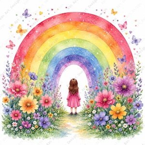 Könnte beinhalten: Aquarellillustration eines Mädchens in einem rosa Kleid vor einem bunten Regenbogen. Bunte Blumen und Schmetterlinge umgeben den Regenbogen und schaffen eine skurrile und fröhliche Szene. Das Kunstwerk hat eine weiche, verträumte Qualität.
