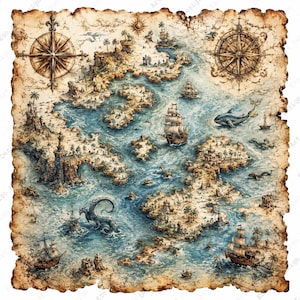 May include: A vintage-style treasure map printed on aged, textured paper with deckled edges. The illustration features intricate coastlines, islands, multiple sailing ships, a large whale, a sea serpent, and two ornate compass roses in the corners.