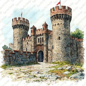 Op de afbeelding: Waterverfschilderij van een middeleeuws kasteel met twee hoge stenen torens en een centrale poort. De kasteelmuren zijn gemaakt van grijze en bruine stenen, met rode vlaggen op de torens. Gesigneerd "Ezo Art Design".