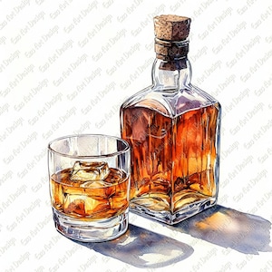 Puede incluir: Ilustración en acuarela de una botella de whisky con tapón de corcho y un vaso bajo lleno de cubitos de hielo y líquido ámbar. La botella y el vaso proyectan una sombra sobre un fondo blanco. La imagen es una pintura en acuarela.