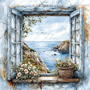 Könnte beinhalten: Ein verwittertes blaues Fenster mit Blick auf eine felsige Küste und das Meer. Das Fenster ist geöffnet und auf der Fensterbank stehen Blumen in einem Korb.