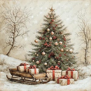 May include: A watercolour illustration of a decorated Christmas tree with a gold star topper, baubles, and red berries. A wooden sled filled with wrapped gifts and other presents are in the foreground, set against a snowy landscape.