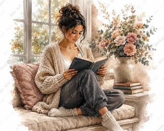 Cozy Reading Woman Clipart, Watercolor Boho Book Girl, Hygge Home Printable Art (Digital Download)