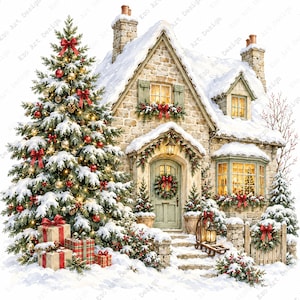 Può includere: Un cottage in pietra coperto di neve con un grande albero di Natale decorato in primo piano. L'albero presenta ornamenti rossi, luci dorate e fiocchi rossi. Regali incartati si trovano alla base. La casa ha una ghirlanda sulla porta.