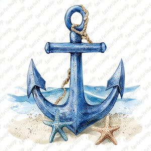 Könnte beinhalten: Aquarellillustration eines blauen Ankers mit Seil, zwei Seesternen und Meereswellen. Der Anker ist der Mittelpunkt, mit detailliertem Design. Das Bild hat ein maritimes Thema, ideal für Küstendekoration.