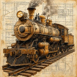 May include: A vintage-style steam locomotive in shades of sepia and brown, featuring a prominent front headlight, a smokestack emitting dark smoke, and large wheels, set against a detailed technical blueprint background on aged parchment paper.