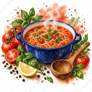 May include: A blue ceramic pot filled with steaming tomato noodle soup, garnished with fresh green herbs. The scene includes whole and sliced red tomatoes, a wooden ladle, a lemon wedge, and scattered black peppercorns on a white background.