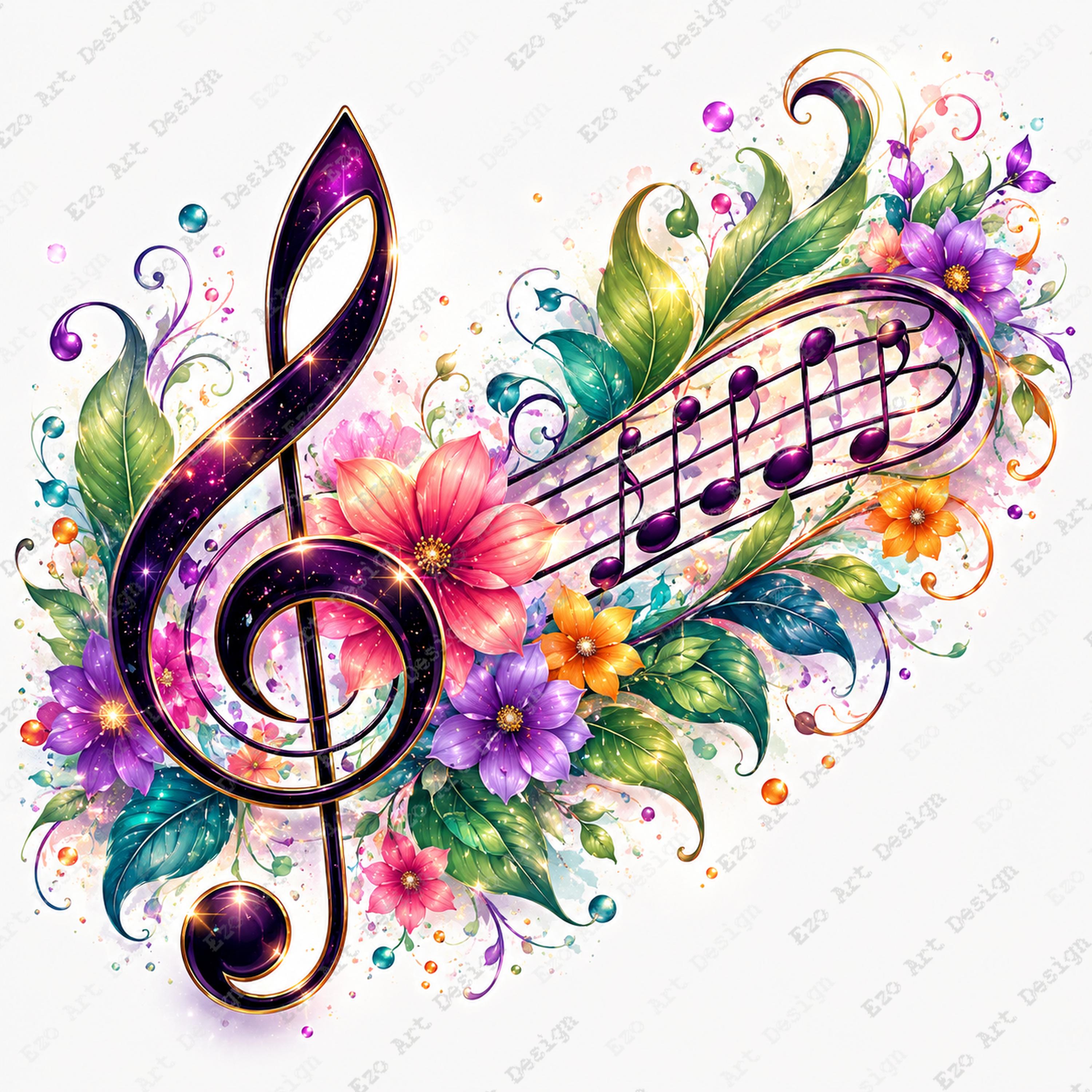 Floral Music Note Clipart, Watercolor Treble Clef Flower Art
