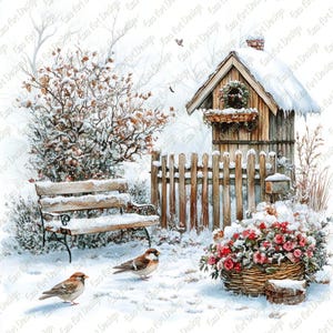 Puede incluir: Escena invernal pintada con acuarela. Un banco de madera y una pequeña casa están cubiertos de nieve. Dos pájaros están en la nieve cerca de una cesta de rosas rojas. Una valla rodea la casa.