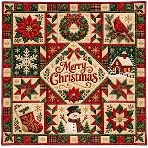 May include: A square Christmas quilt featuring a central diamond with the text Merry Christmas, surrounded by blocks depicting a poinsettia, a wreath, a cardinal, a snowy house, a stocking, and a snowman, all in red, green, and cream colours.