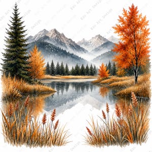 May include: Watercolor painting of a serene autumn landscape. A calm lake reflects the surrounding trees and mountains. The scene features vibrant orange and yellow trees, green pines, and tall, golden grasses. Mountains are in the background.