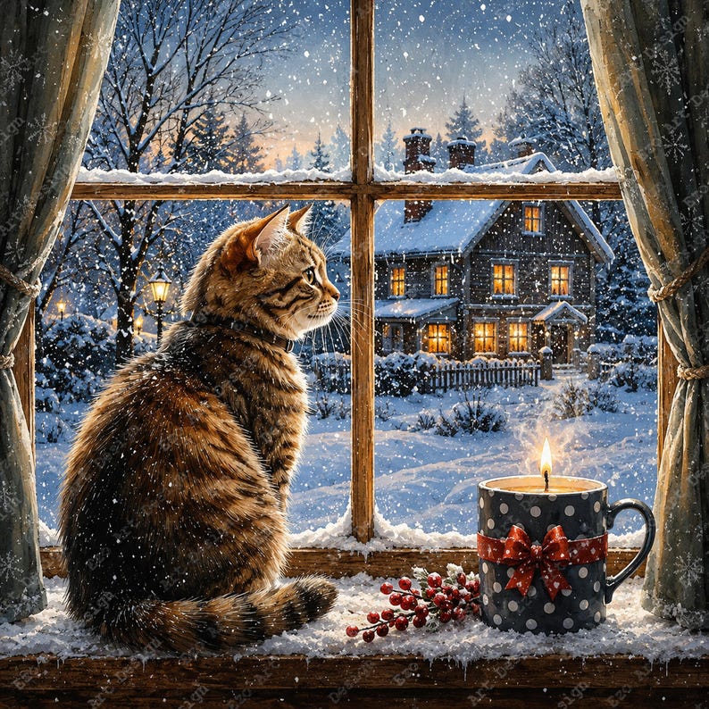 May include: A brown tabby cat sits on a snowy windowsill looking out at a house during a winter snowfall. Beside the cat is a dark blue mug with white polka dots, a red ribbon, and a lit candle, along with a small cluster of red berries.