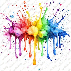 May include: A vibrant watercolor painting of a colorful paint splash. The artwork features a spectrum of colors, including purple, red, orange, yellow, green, and blue, with paint drips and splatters against a white background. The text "Ezo Art Design" is repeated.