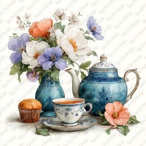 Puede incluir: Naturaleza muerta en acuarela con un juego de té de porcelana azul y blanco, un jarrón con flores coloridas y un muffin. La taza y el platillo de té tienen un delicado estampado floral. Una flor de color melocotón descansa cerca del juego de té.