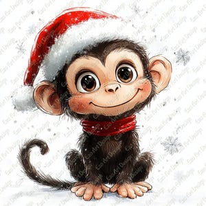 Puede incluir: Ilustración de dibujos animados de un mono sonriente con un gorro de Papá Noel y una bufanda roja. El mono tiene grandes ojos marrones y está rodeado de copos de nieve. La imagen tiene el texto "Ezo Art Design" en el fondo.